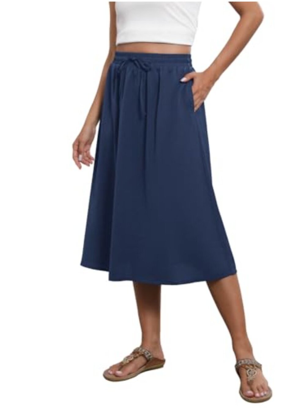 Women's Elastic High Waist A-Line Midi Skirt Summer Flowy with Pockets